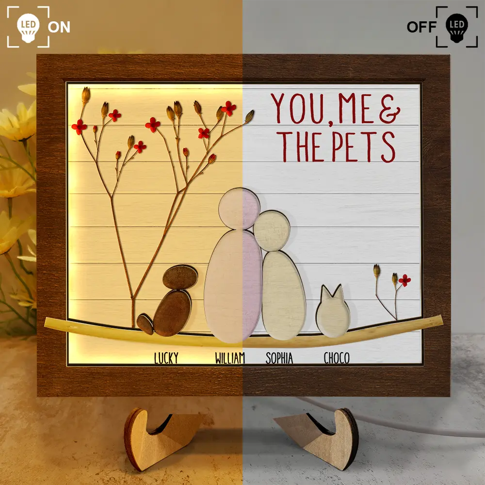 Pebble Couple You Me And The Dog Cat - Personalized LED Light Wooden Plaque - Image 3