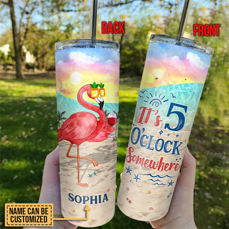 Personalized Flamingo 5 O'Clock Custom Skinny Tumbler - Image 2