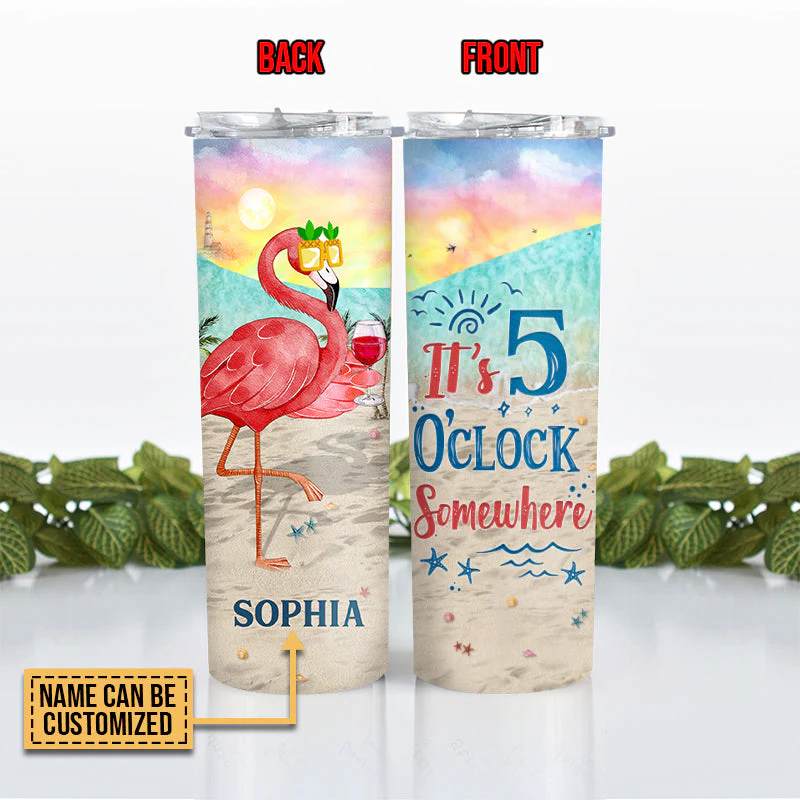 Personalized Flamingo 5 O'Clock Custom Skinny Tumbler - Image 3