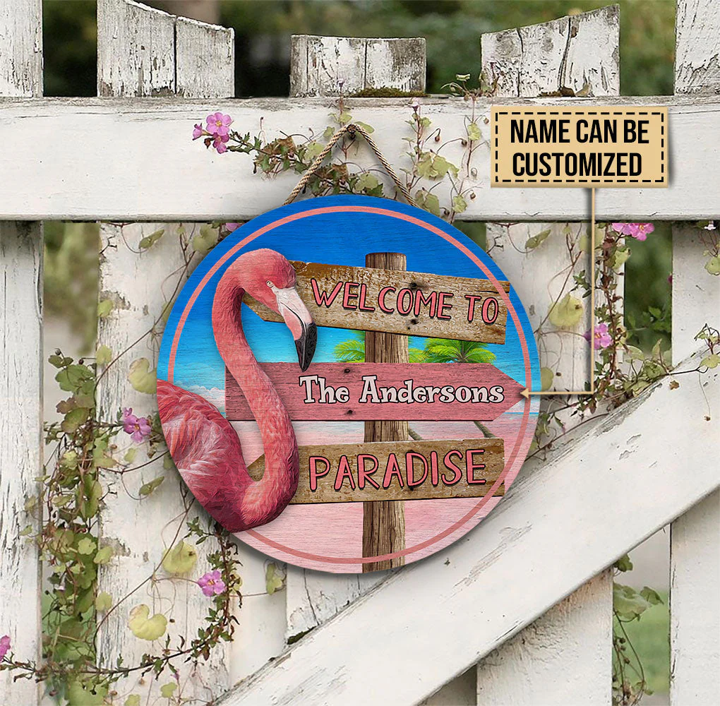 Personalized Flamingo Paradise Customized Wood Circle Sign - Image 4