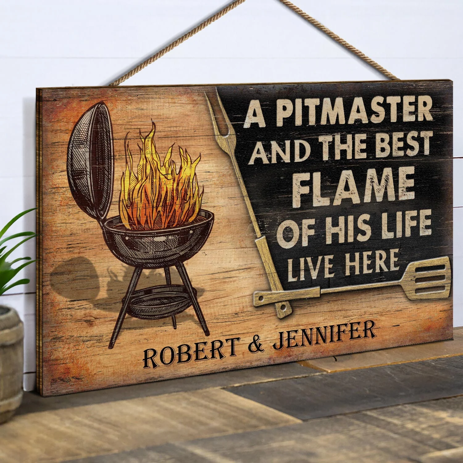 Personalized Grilling Couple Pitmaster Customized Wood Rectangle Sign - Image 2