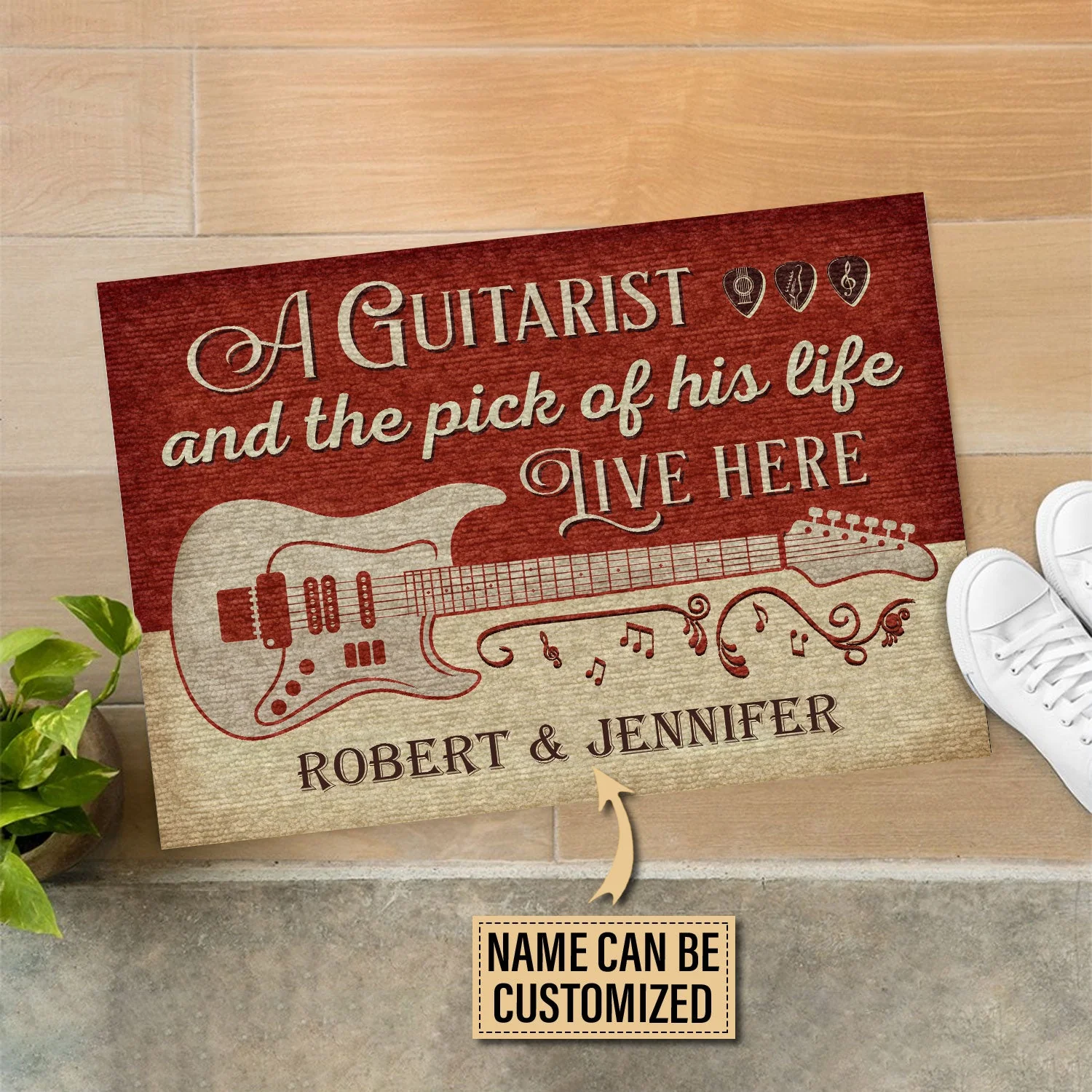Personalized Guitar Red Old Couple Live Here Customized Doormat - Image 4