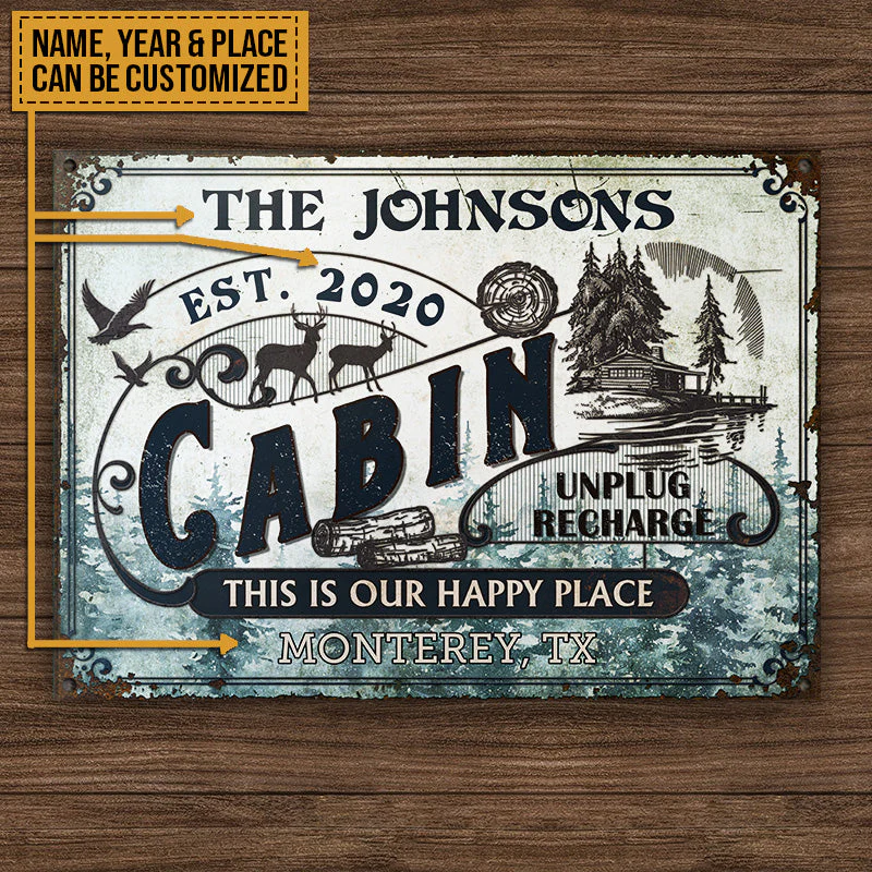 Personalized Log Cabin This Is Our Happy Place Custom Classic Metal Signs - Image 4