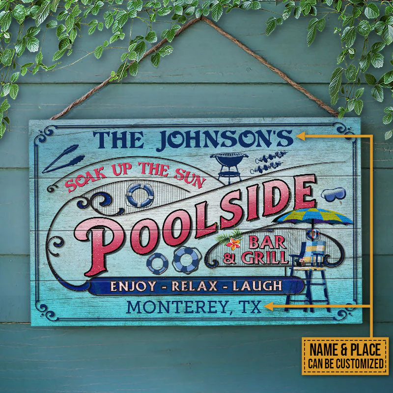 Personalized Pool Bar & Grill Pink And Blue Custom Wood Rectangle Sign - Image 2