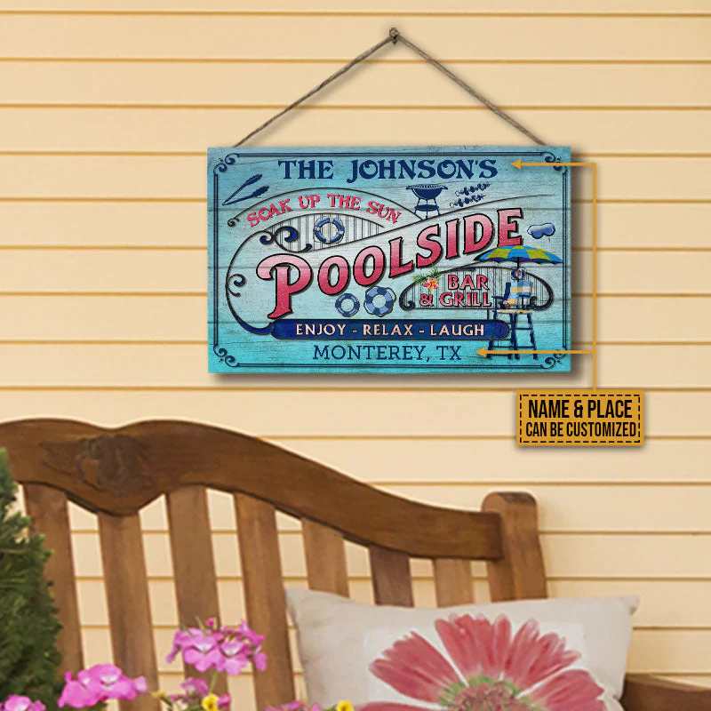 Personalized Pool Bar & Grill Pink And Blue Custom Wood Rectangle Sign - Image 4