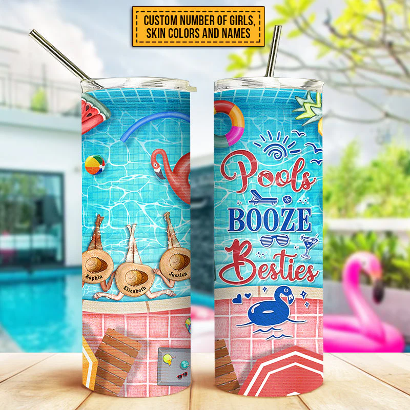 Personalized Swimming Bestie Pools Booze Besties Custom Skinny Tumbler - Image 2