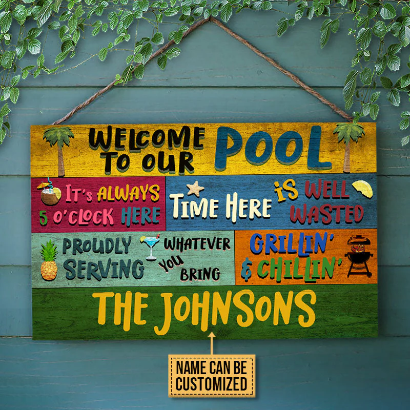 Personalized Swimming Pool Welcome To Our Custom Wood Rectangle Sign - Image 2