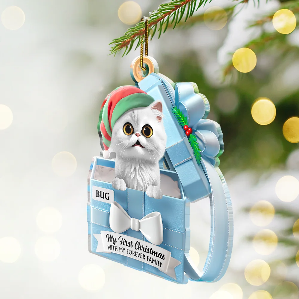 Pet First Christmas, Gift Reveals, Gift Box 3D Effect - Personalized Custom Shaped Acrylic Ornament - Image 2