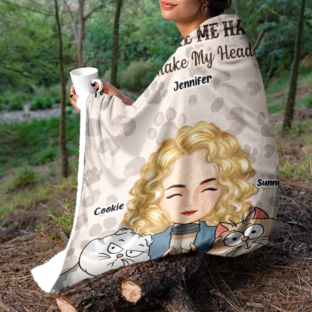 Pet Lovers Cats Make Me Happy Humans Make My Head Hurt - Personalized Fleece Blanket, Sherpa Blanket - Image 5