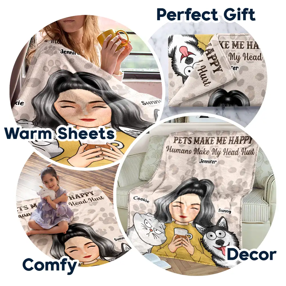 Pet Lovers Cats Make Me Happy Humans Make My Head Hurt - Personalized Fleece Blanket, Sherpa Blanket - Image 7