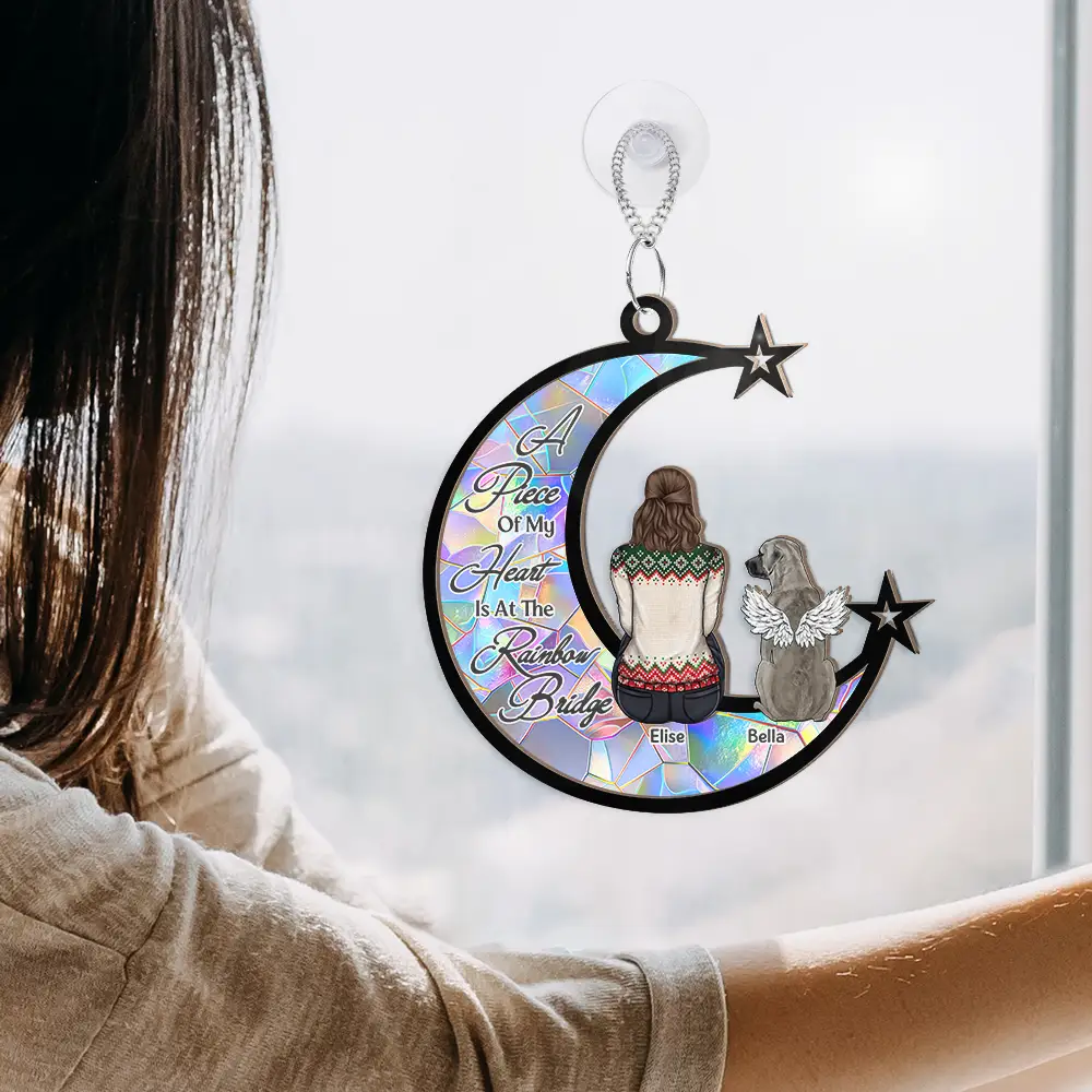 Pet Memorial Dog Cat At The Rainbow Bridge - Personalized Window Hanging Suncatcher Ornament - Image 4