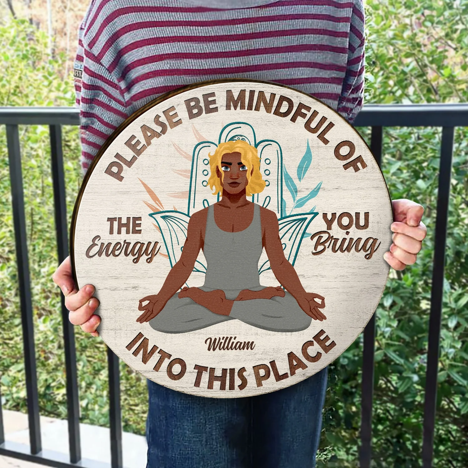 Please Be Mindful - Gift For Yoga Lovers - Personalized Wood Circle Sign - Image 3