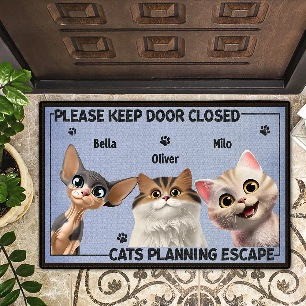 Please Keep Door Closed Cats Planning Escape Funny - Personalized Doormat - Image 2