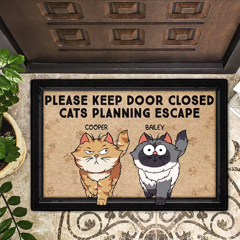 Please Keep Door Closed Cats Planning Escape Go Toward Cartoon - Personalized Doormat - Image 2