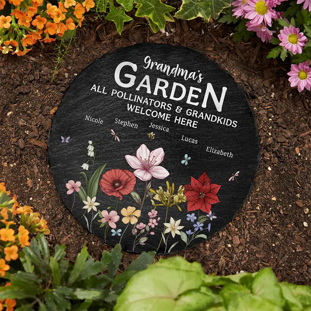 Pollinators And Grandkids Welcome Here - Personalized Circle Memorial Garden Stone - Image 3