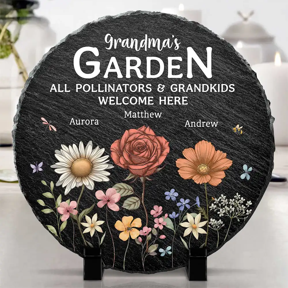 Pollinators And Grandkids Welcome Here - Personalized Circle Memorial Garden Stone - Image 4