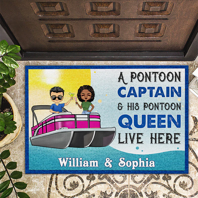 Pontoon Captain And Pontoon Queen Live Here - Personalized Custom Doormat - Image 2