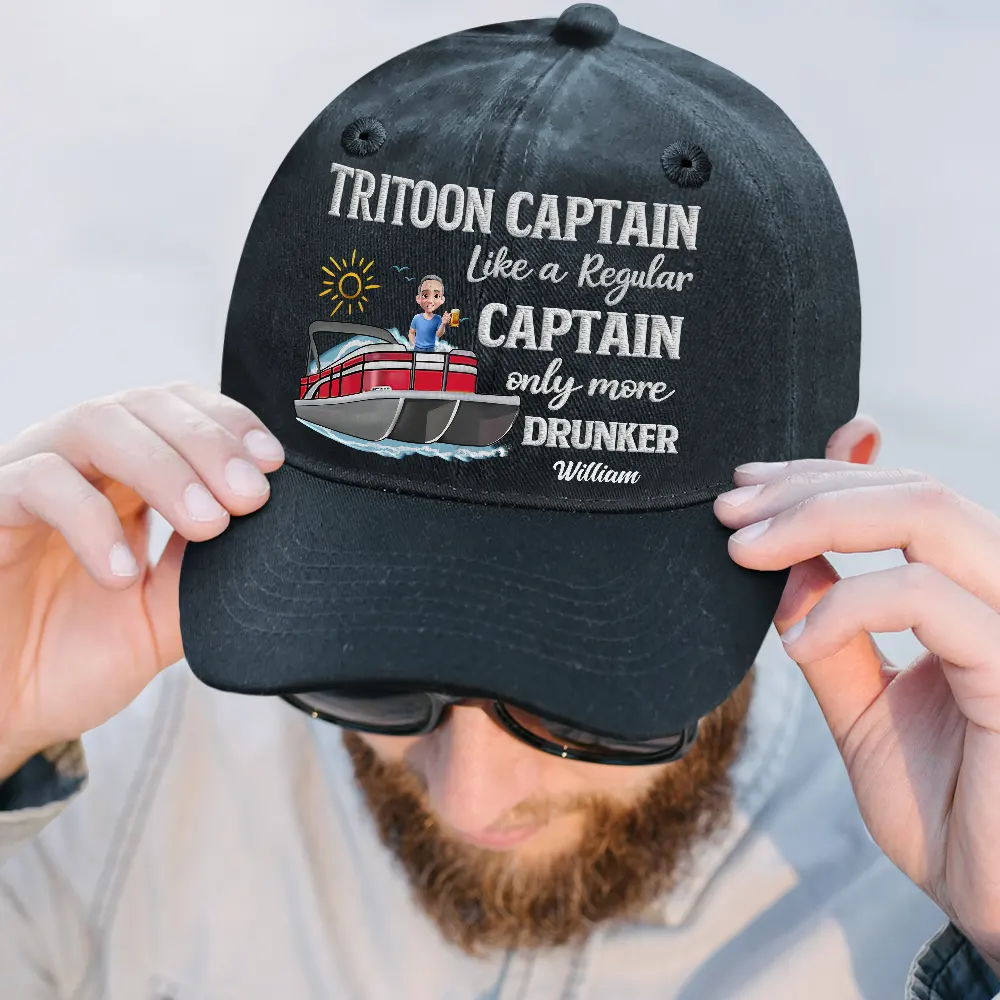 Pontoon Captain Pontoon Queen - Personalized Vintage Washed Denim Cap - Image 2