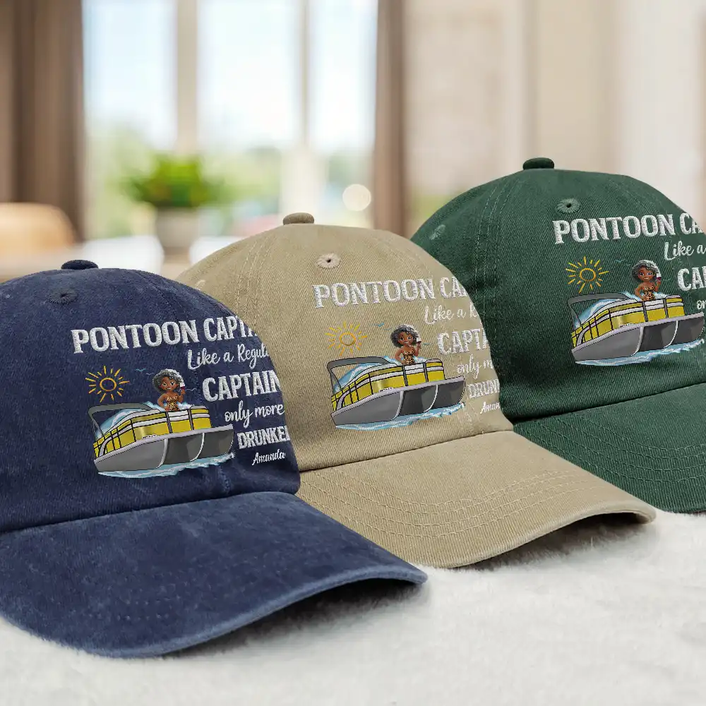 Pontoon Captain Pontoon Queen - Personalized Vintage Washed Denim Cap - Image 3