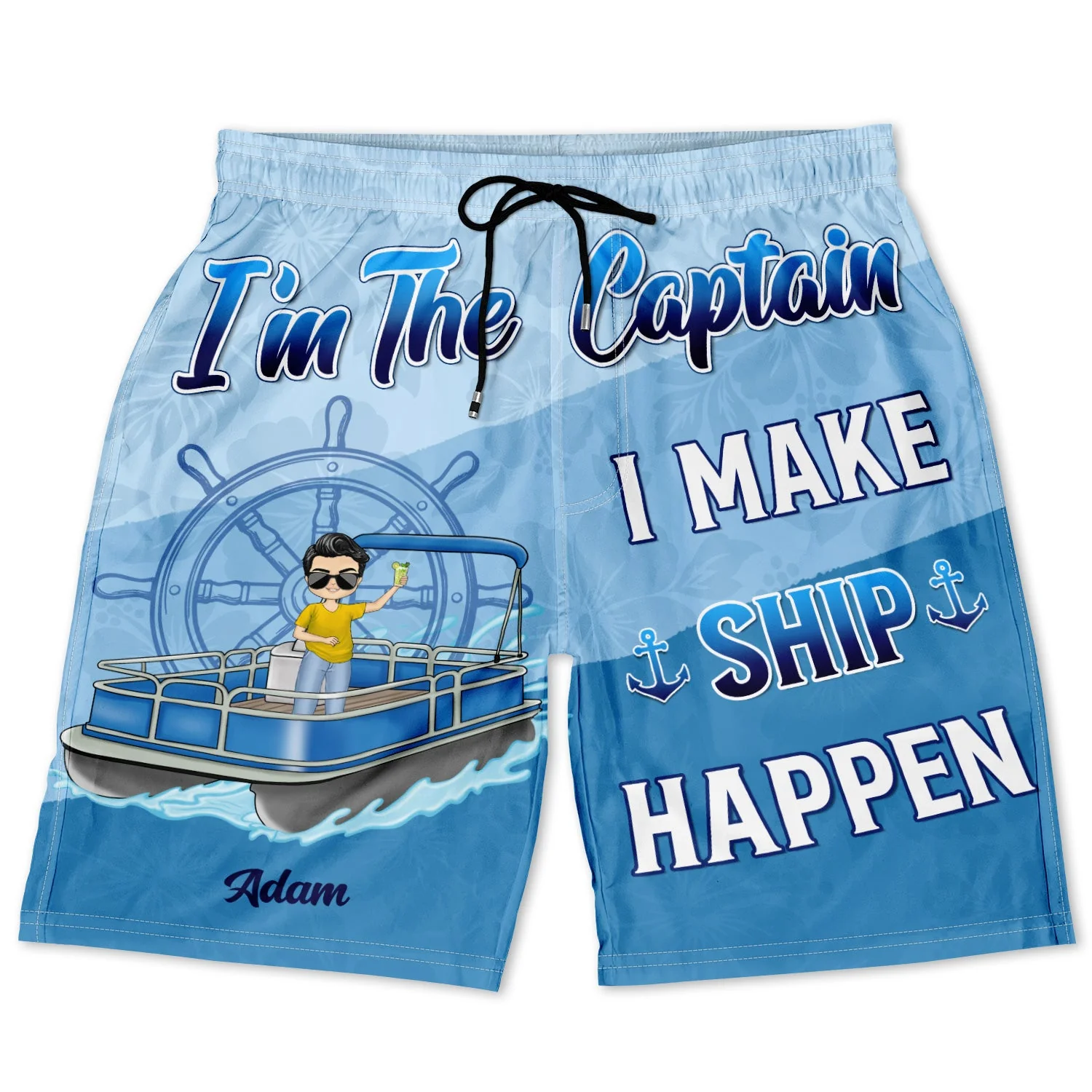 Pontoon Couple I'm The Captain I'm The First Mate - Gift For Husband, Wife, Pontooning Lovers, Lake Lovers, Travelers - Personalized Couple Beach Shorts - Image 3