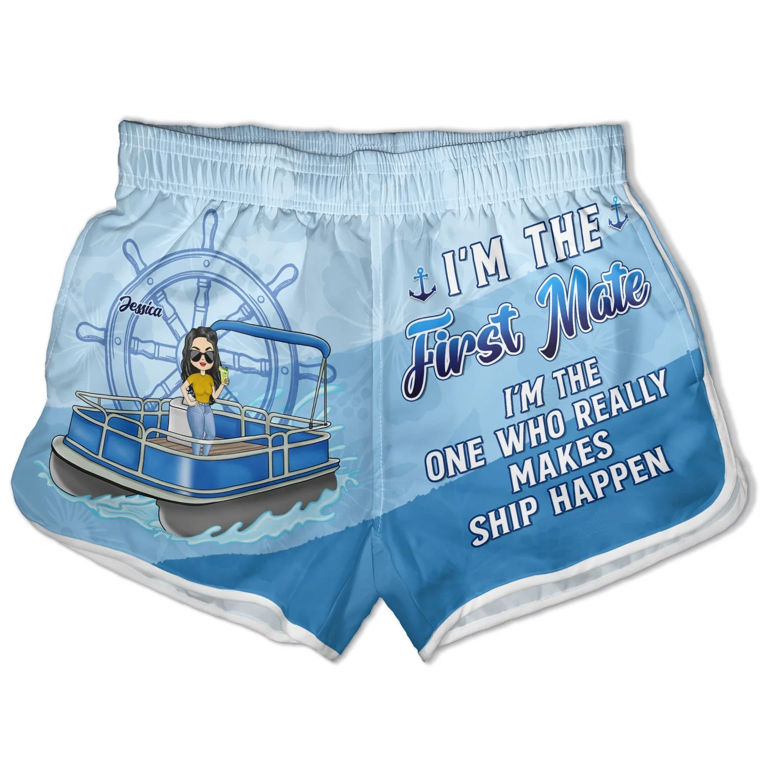 Pontoon Couple I'm The Captain I'm The First Mate - Gift For Husband, Wife, Pontooning Lovers, Lake Lovers, Travelers - Personalized Couple Beach Shorts - Image 4