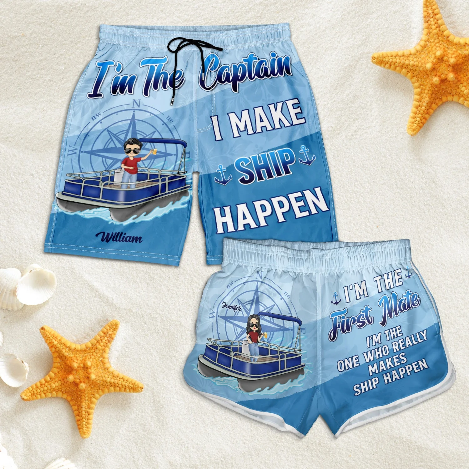 Pontoon Couple I'm The Captain I'm The First Mate - Gift For Husband, Wife, Pontooning Lovers, Lake Lovers, Travelers - Personalized Couple Beach Shorts - Image 5