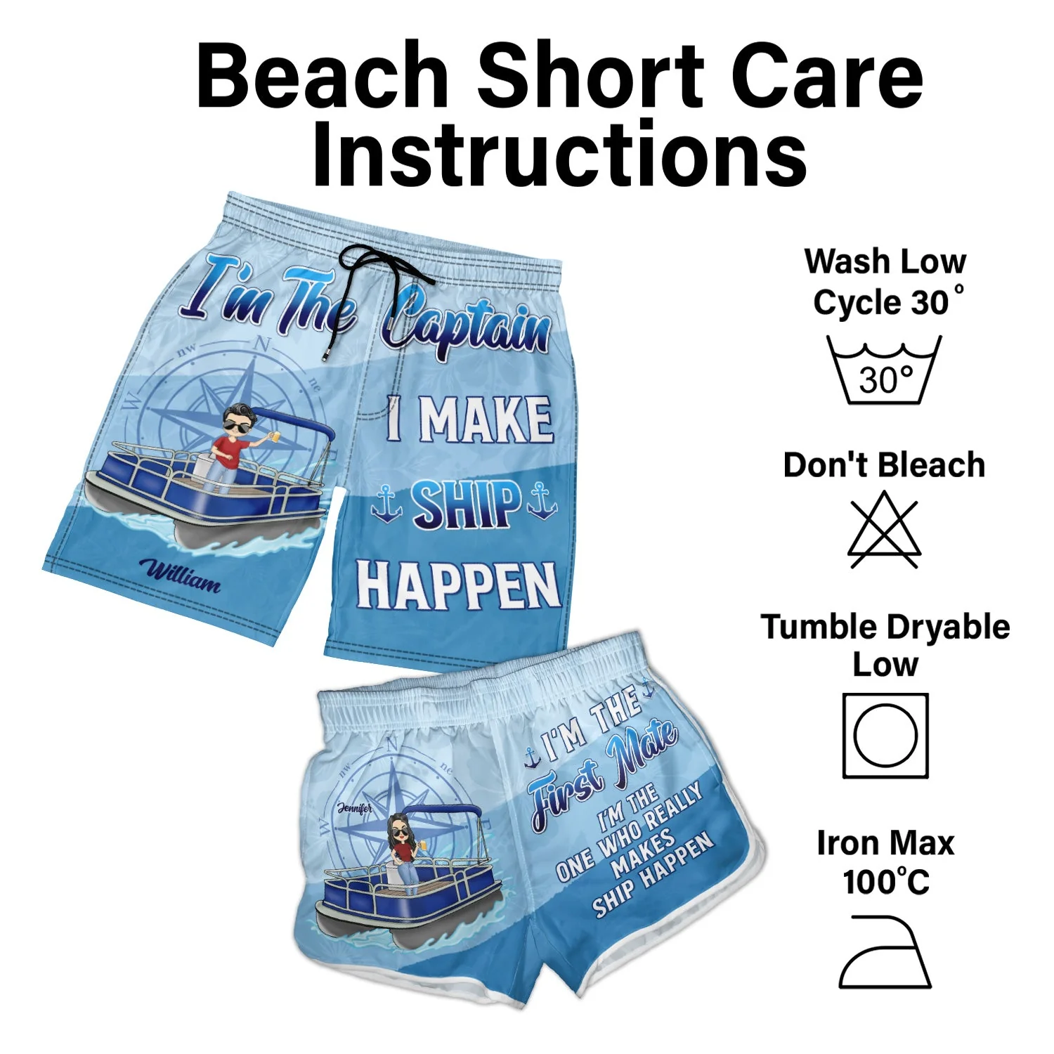 Pontoon Couple I'm The Captain I'm The First Mate - Gift For Husband, Wife, Pontooning Lovers, Lake Lovers, Travelers - Personalized Couple Beach Shorts - Image 7