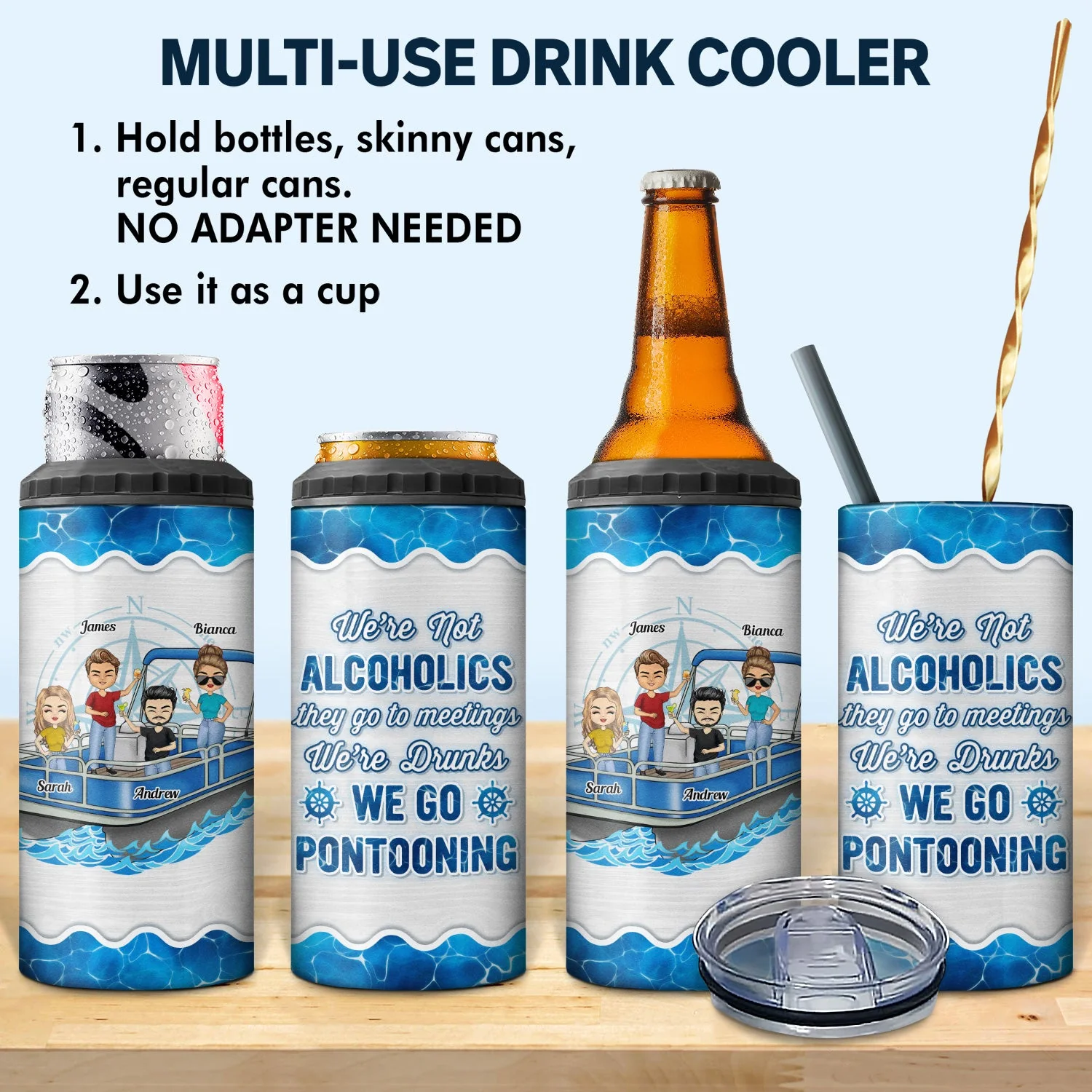 Pontoon Party In Slow Motion - Birthday, Traveling, Cruising Gift For Family, Besties, BFF Best Friends, Lake Lovers, Travelers - Personalized Custom 4 In 1 Can Cooler Tumbler - Image 2