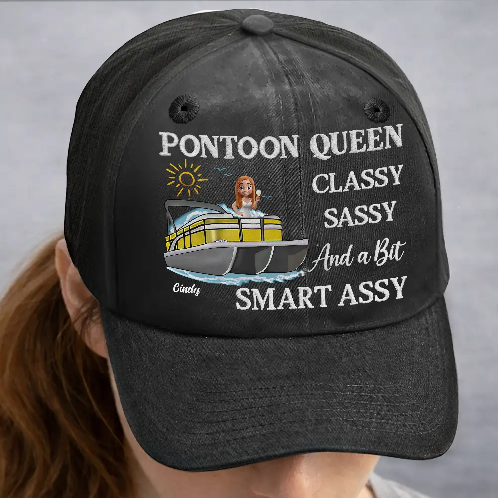 Pontoon Queen Classy Sassy - Personalized Vintage Washed Denim Cap - Image 2