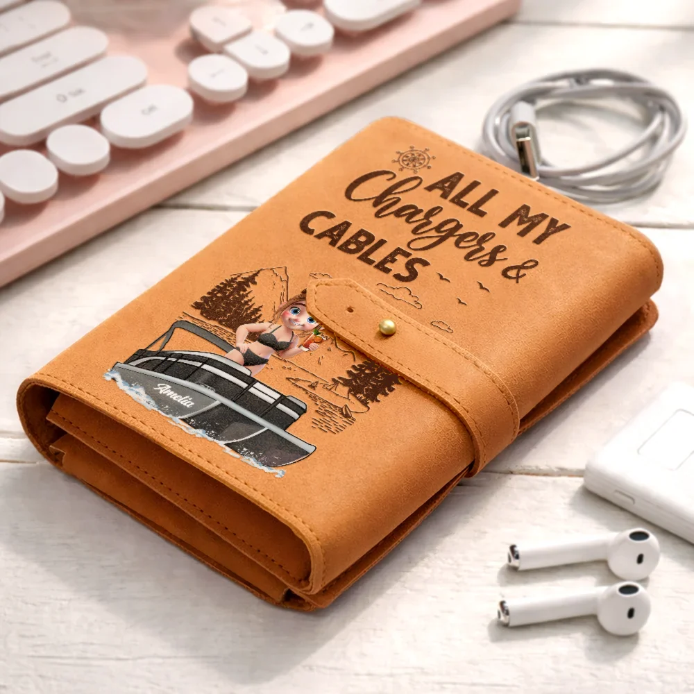 Pontoon Woman Man All My Charging Sh*t - Personalized Leather Cable Bag - Image 3