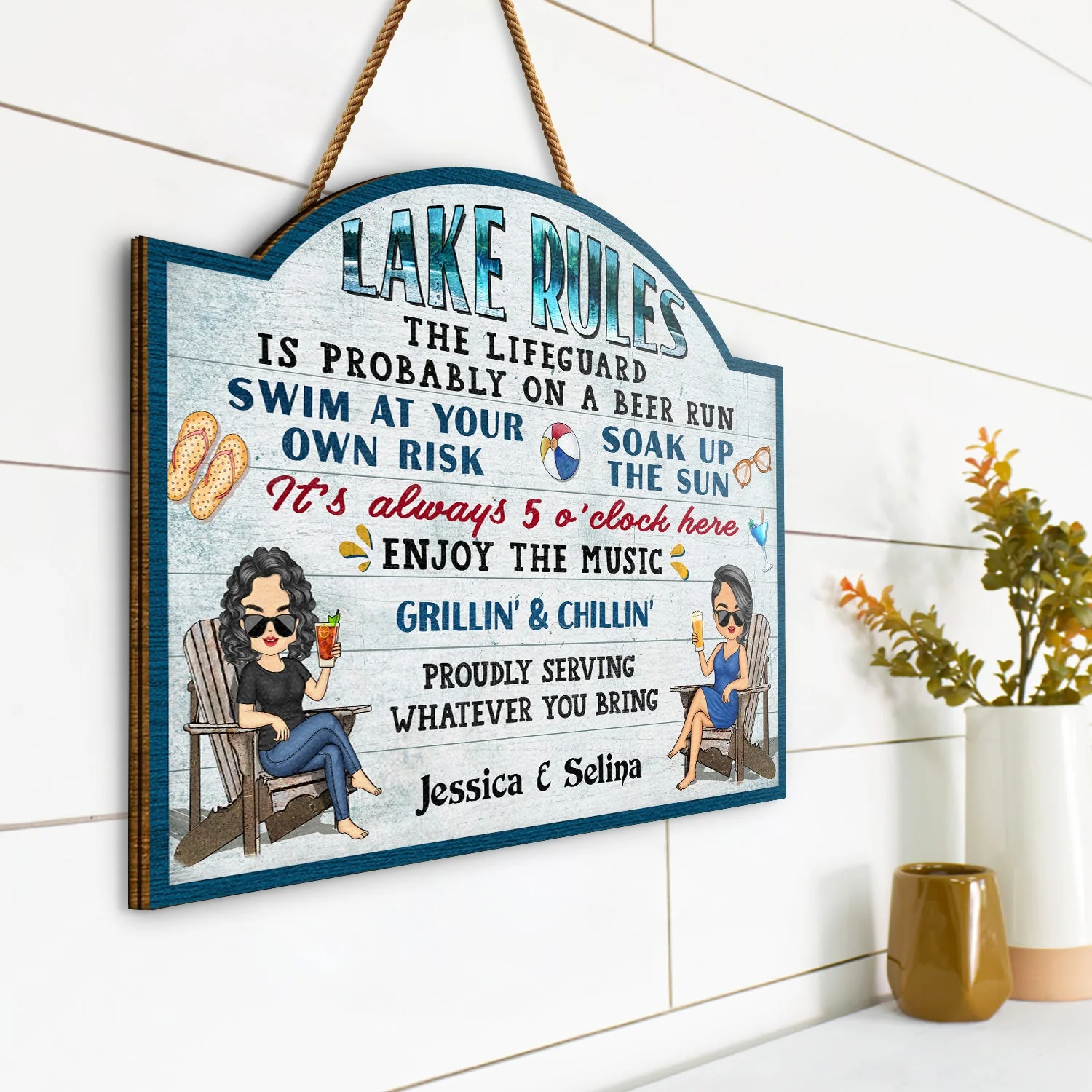 Pool Rules Swim At Your Own Risk Grilling Chibi - Home Decor, Backyard Decor, Gift For Her, Him, Family, Couples, Husband, Wife - Personalized Custom Shaped Wood Sign - Image 2