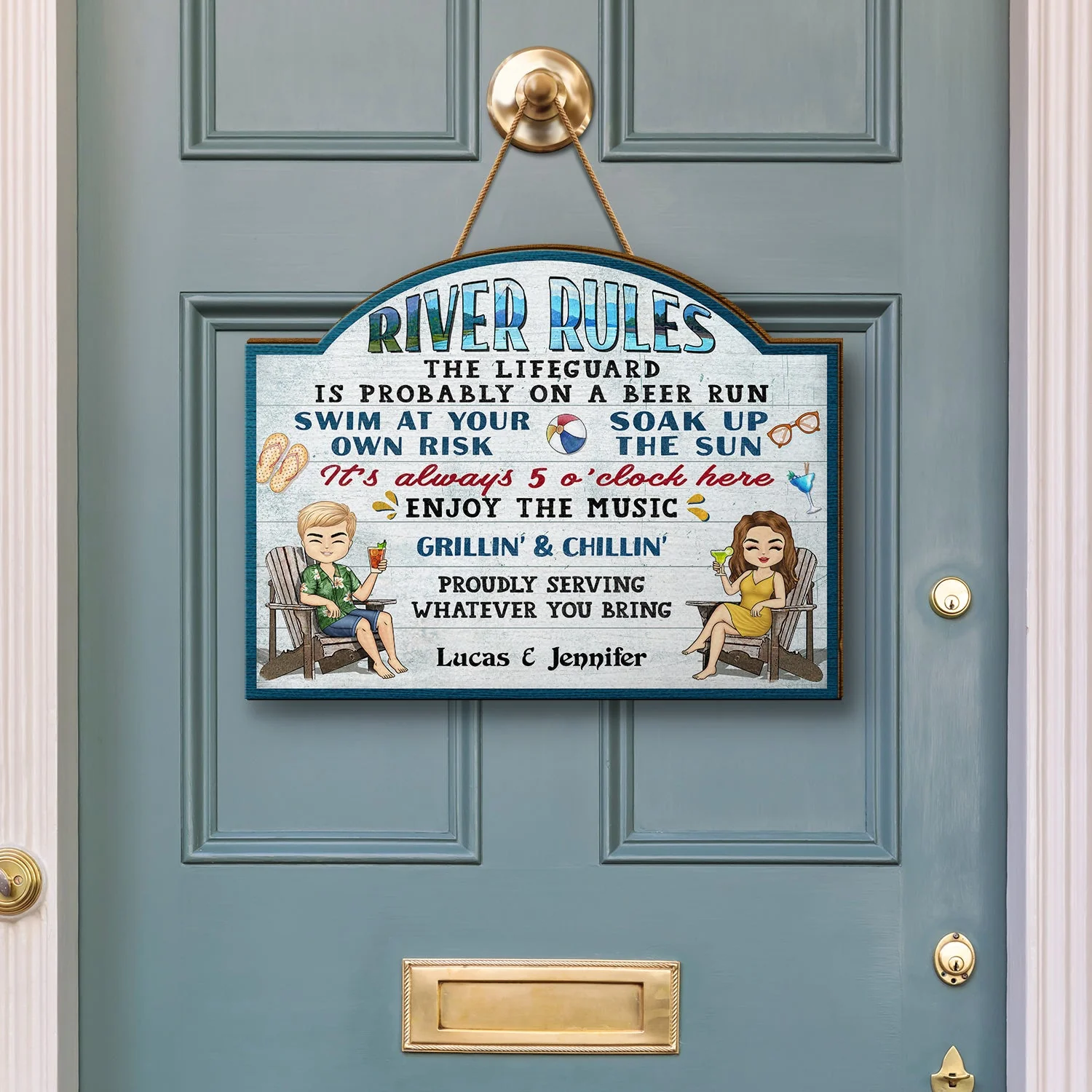 Pool Rules Swim At Your Own Risk Grilling Chibi - Home Decor, Backyard Decor, Gift For Her, Him, Family, Couples, Husband, Wife - Personalized Custom Shaped Wood Sign - Image 3