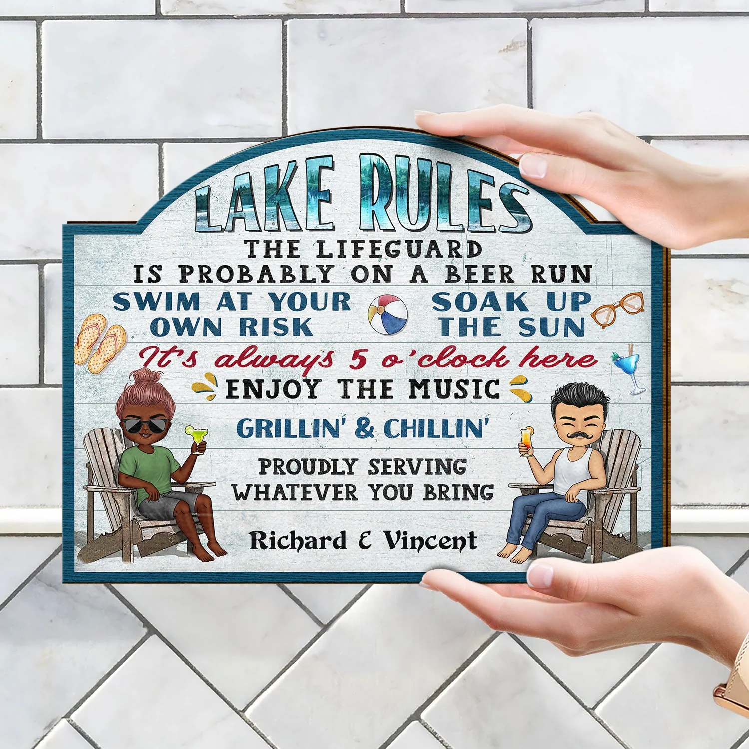 Pool Rules Swim At Your Own Risk Grilling Chibi - Home Decor, Backyard Decor, Gift For Her, Him, Family, Couples, Husband, Wife - Personalized Custom Shaped Wood Sign - Image 4