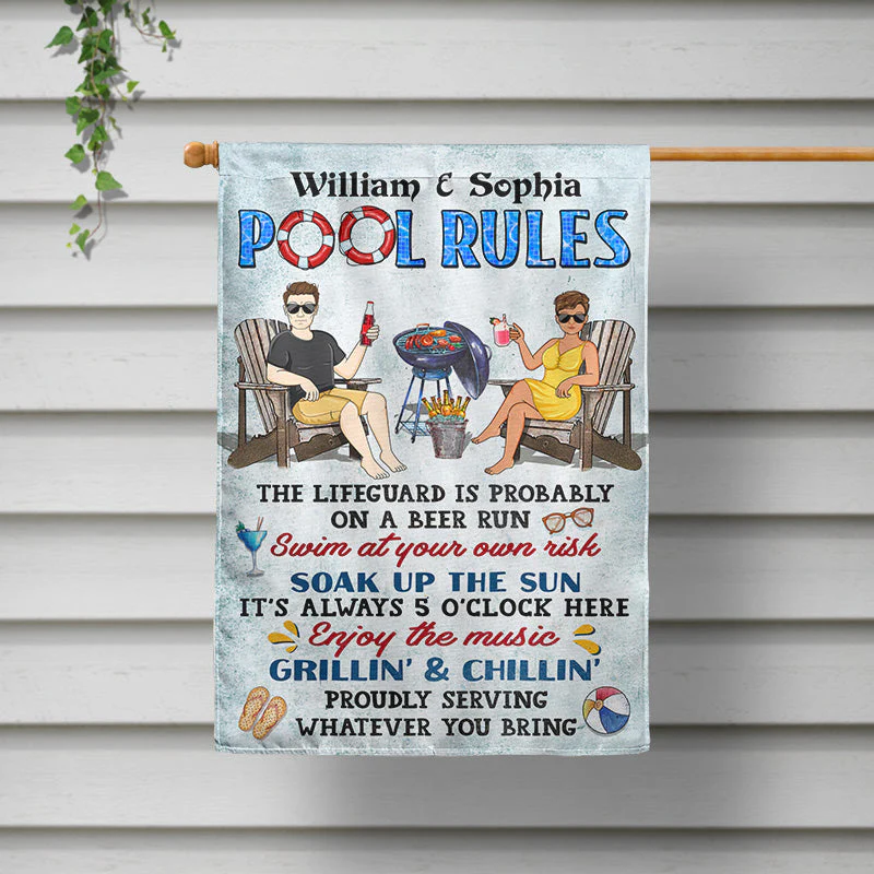 Pool Rules Swim At Your Own Risk Grilling Couple Husband Wife - Backyard Sign - Personalized Custom Flag - Image 2