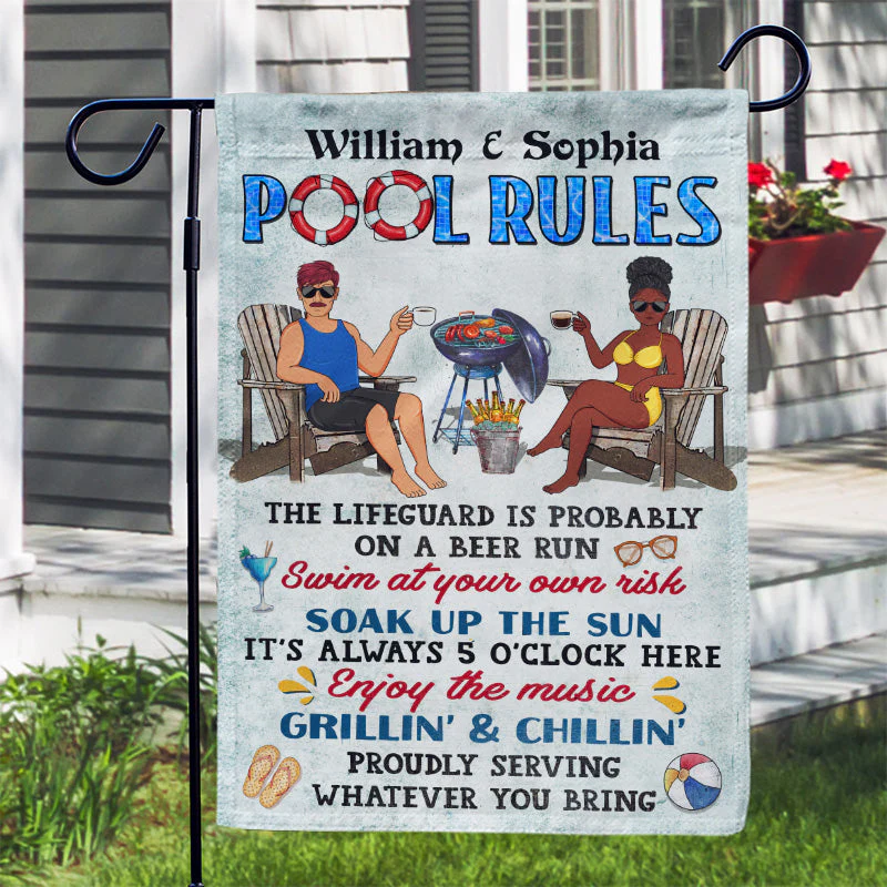 Pool Rules Swim At Your Own Risk Grilling Couple Husband Wife - Backyard Sign - Personalized Custom Flag - Image 3