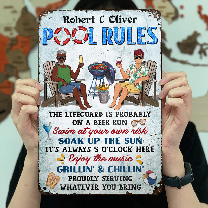 Pool Rules Swim At Your Own Risk Grilling Couple Husband Wife Pride - Backyard Sign - Personalized Custom Classic Metal Signs - Image 3