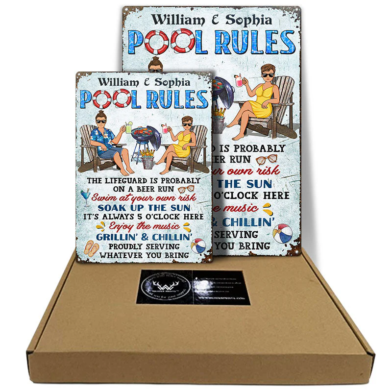 Pool Rules Swim At Your Own Risk Grilling Couple Husband Wife Pride - Backyard Sign - Personalized Custom Classic Metal Signs - Image 5