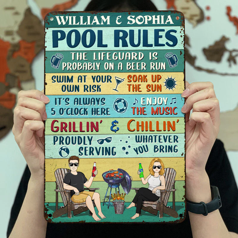 Pool Rules Swim At Your Own Risk Grilling Couple Husband Wife Vintage - Backyard Sign - Personalized Custom Classic Metal Signs - Image 3