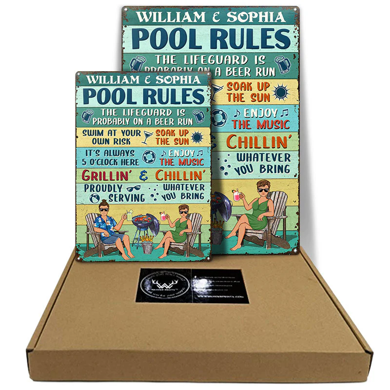 Pool Rules Swim At Your Own Risk Grilling Couple Husband Wife Vintage - Backyard Sign - Personalized Custom Classic Metal Signs - Image 5
