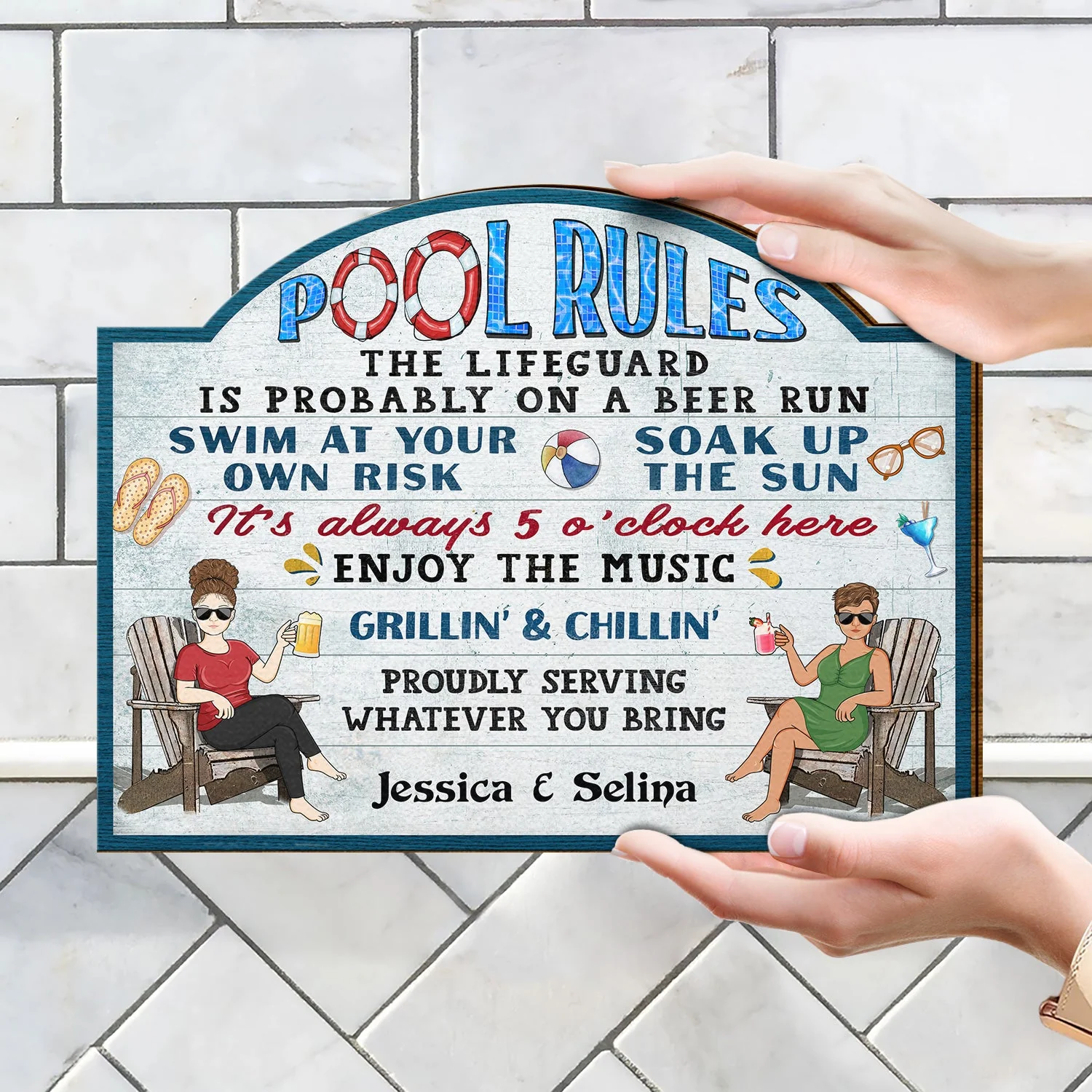 Pool Rules Swim At Your Own Risk Grilling - Home Decor, Backyard Decor, Gift For Her, Him, Family, Couples, Husband, Wife - Personalized Custom Shaped Wood Sign - Image 4