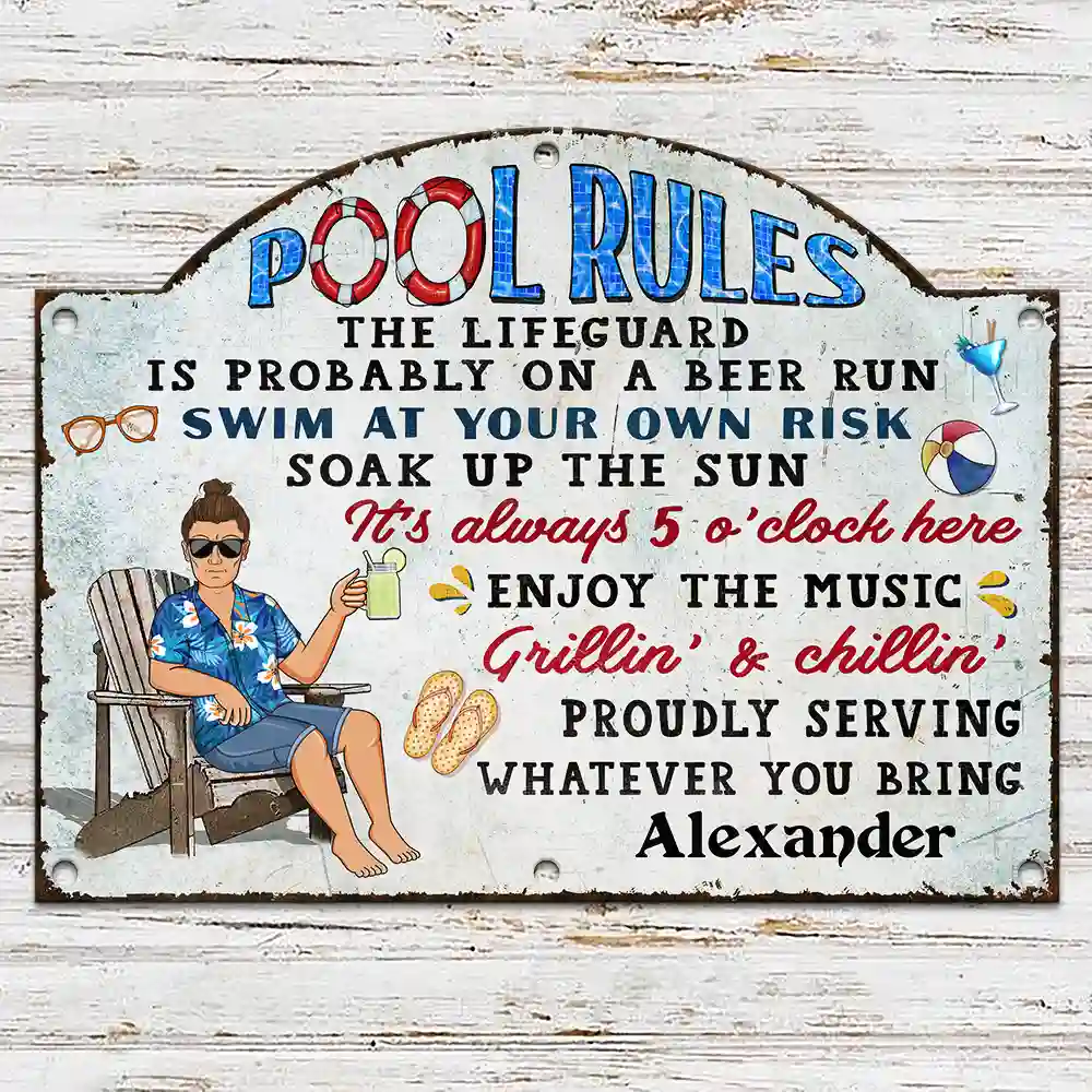 Pool Rules Swim At Your Own Risk Grilling - Personalized Custom Shaped Metal Sign - Image 2