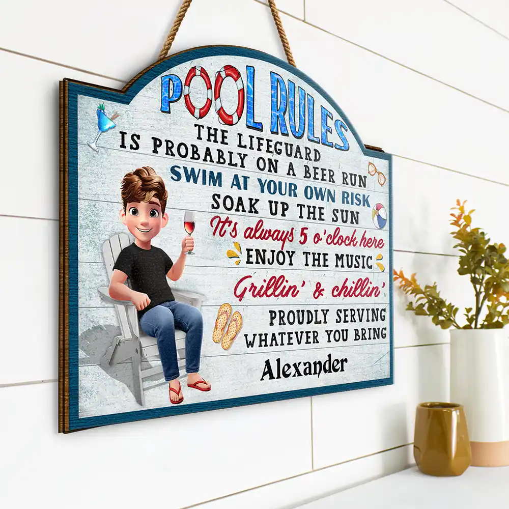 Pool Rules Swim At Your Own Risk - Personalized Custom Shaped Wood Sign - Image 2