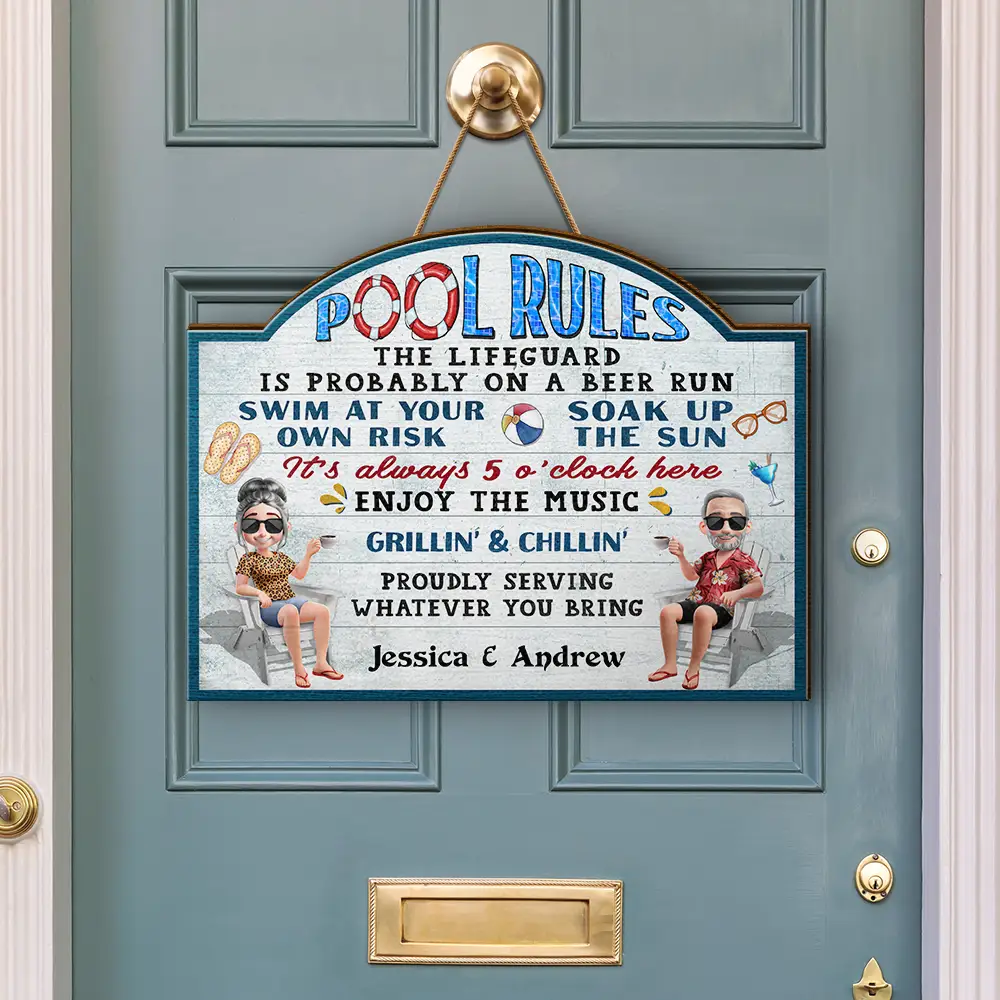 Pool Rules Swim At Your Own Risk - Personalized Custom Shaped Wood Sign - Image 3
