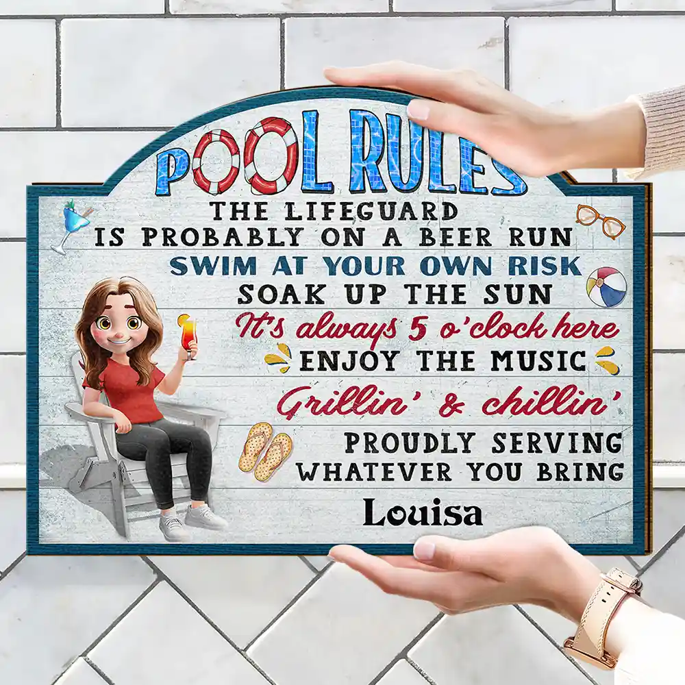 Pool Rules Swim At Your Own Risk - Personalized Custom Shaped Wood Sign - Image 4