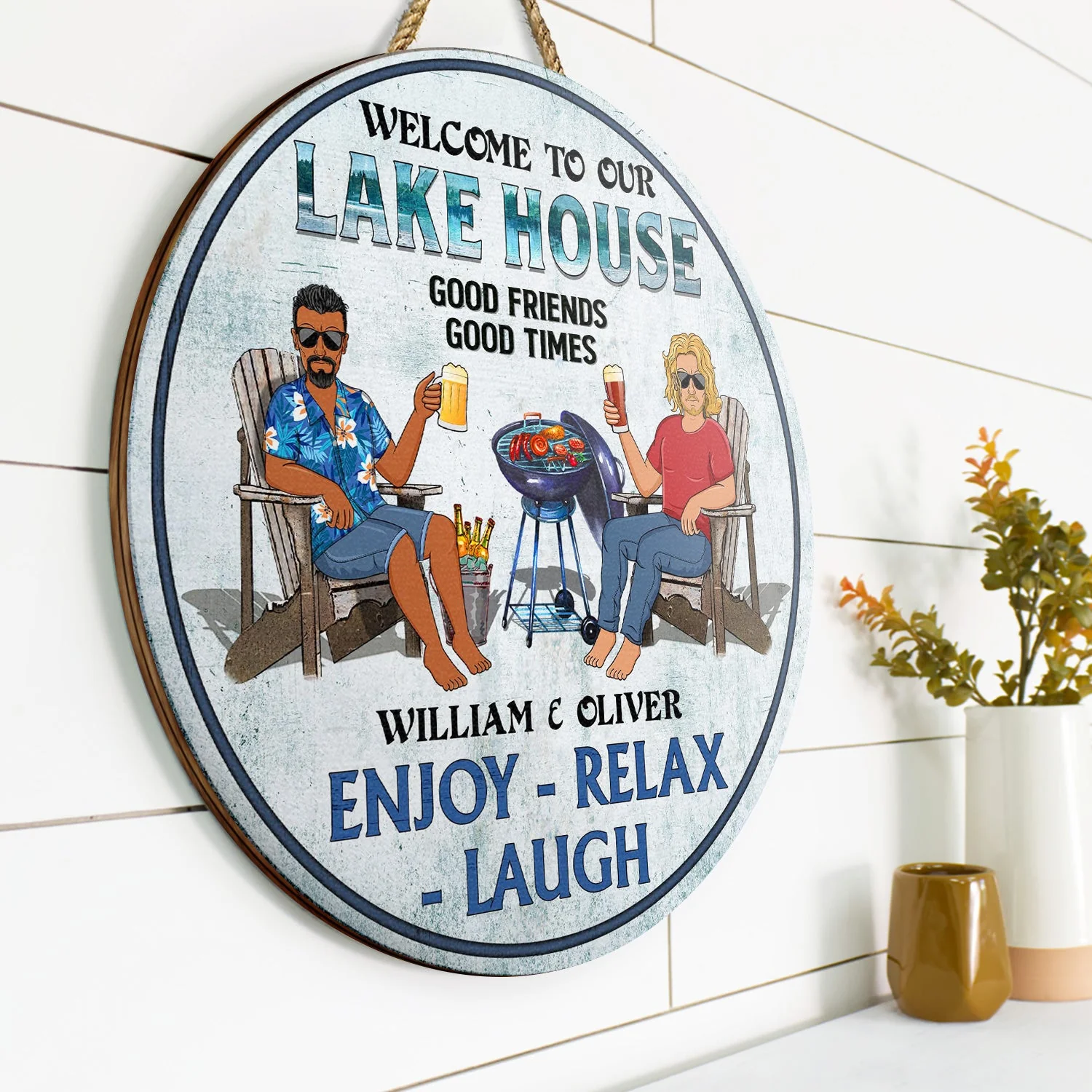 Poolside Grilling Listen To Good Music Couple Husband Wife - Backyard Sign - Personalized Custom Wood Circle Sign - Image 2