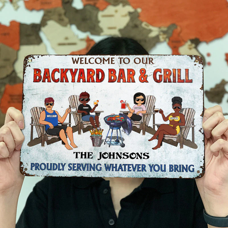 Poolside Grilling Listen To The Good Music Couple Husband Wife Children - Backyard Sign - Personalized Custom Classic Metal Signs - Image 3
