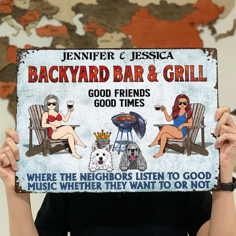 Poolside Grilling Listen To The Good Music Couple Husband Wife Dog Lovers - Backyard Sign - Personalized Custom Classic Metal Signs - Image 4