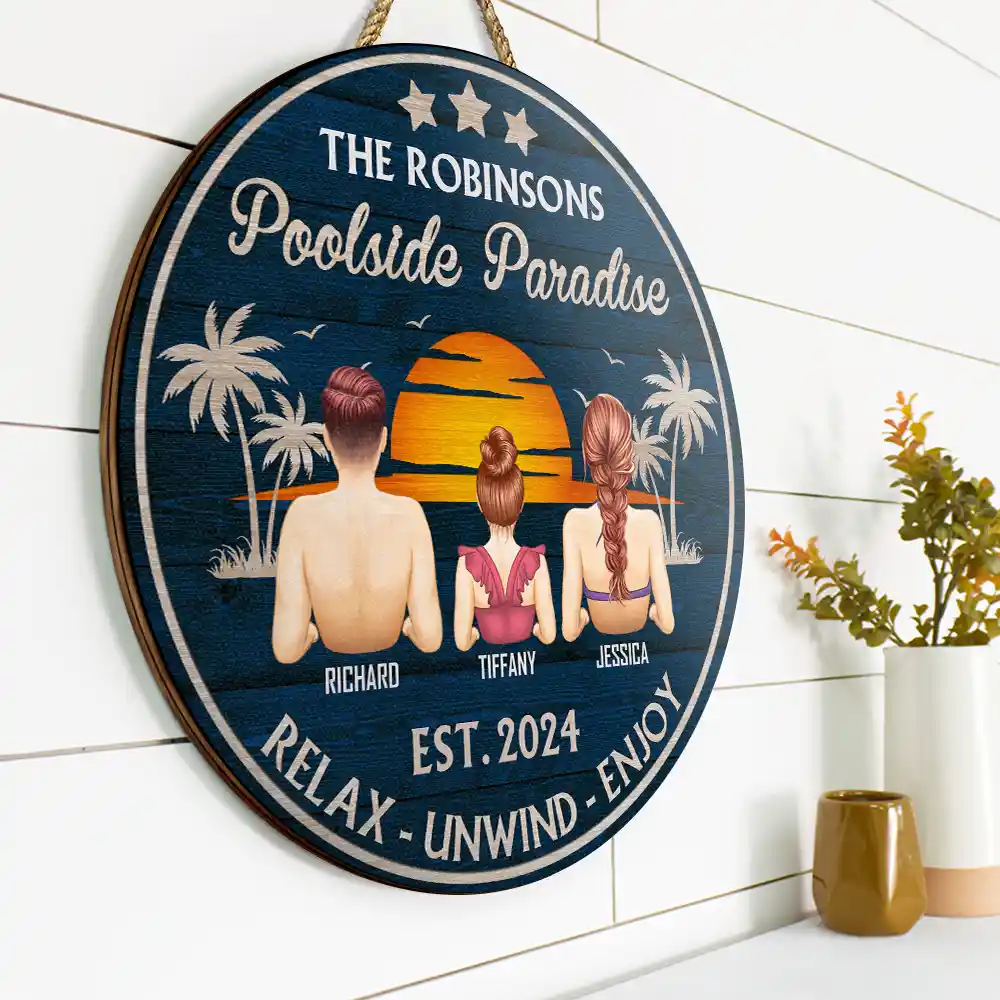 Poolside Paradise Family - Personalized Wood Circle Sign - Image 2