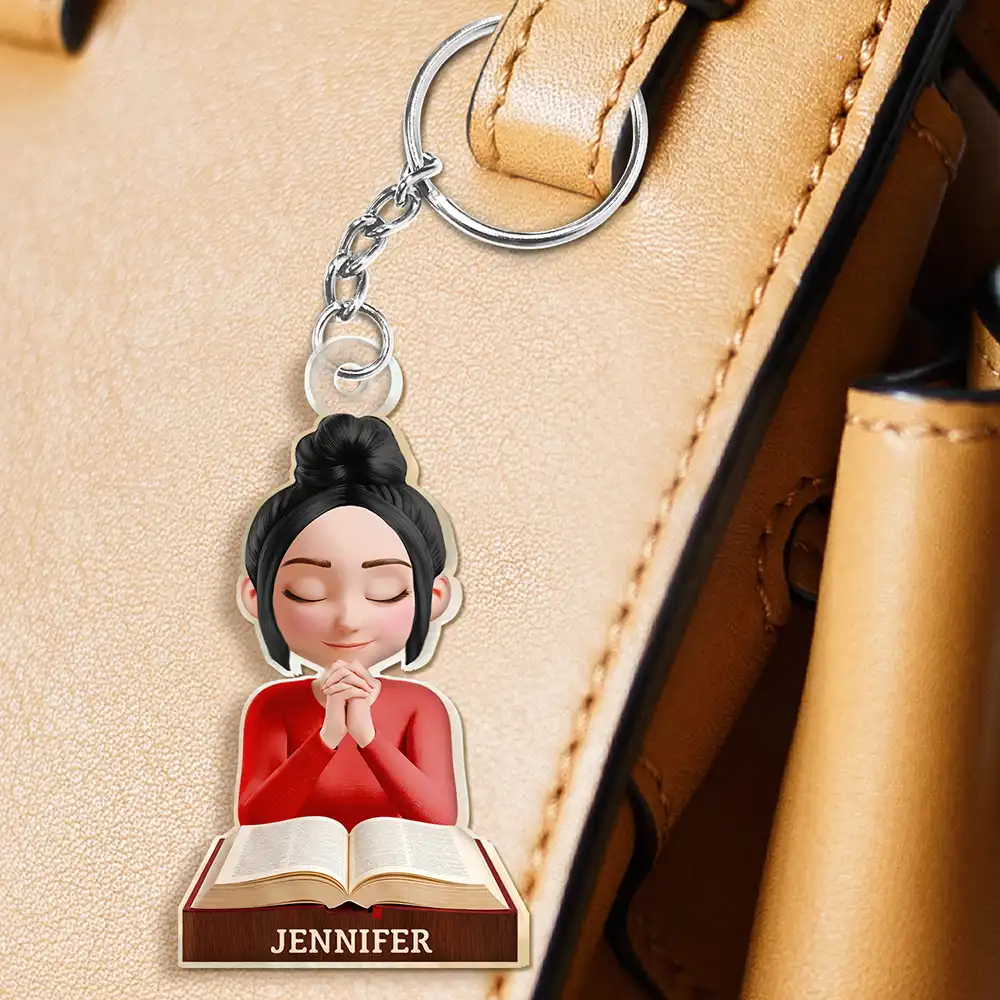 Praying Woman Girl With Open Bible - Personalized Acrylic Keychain