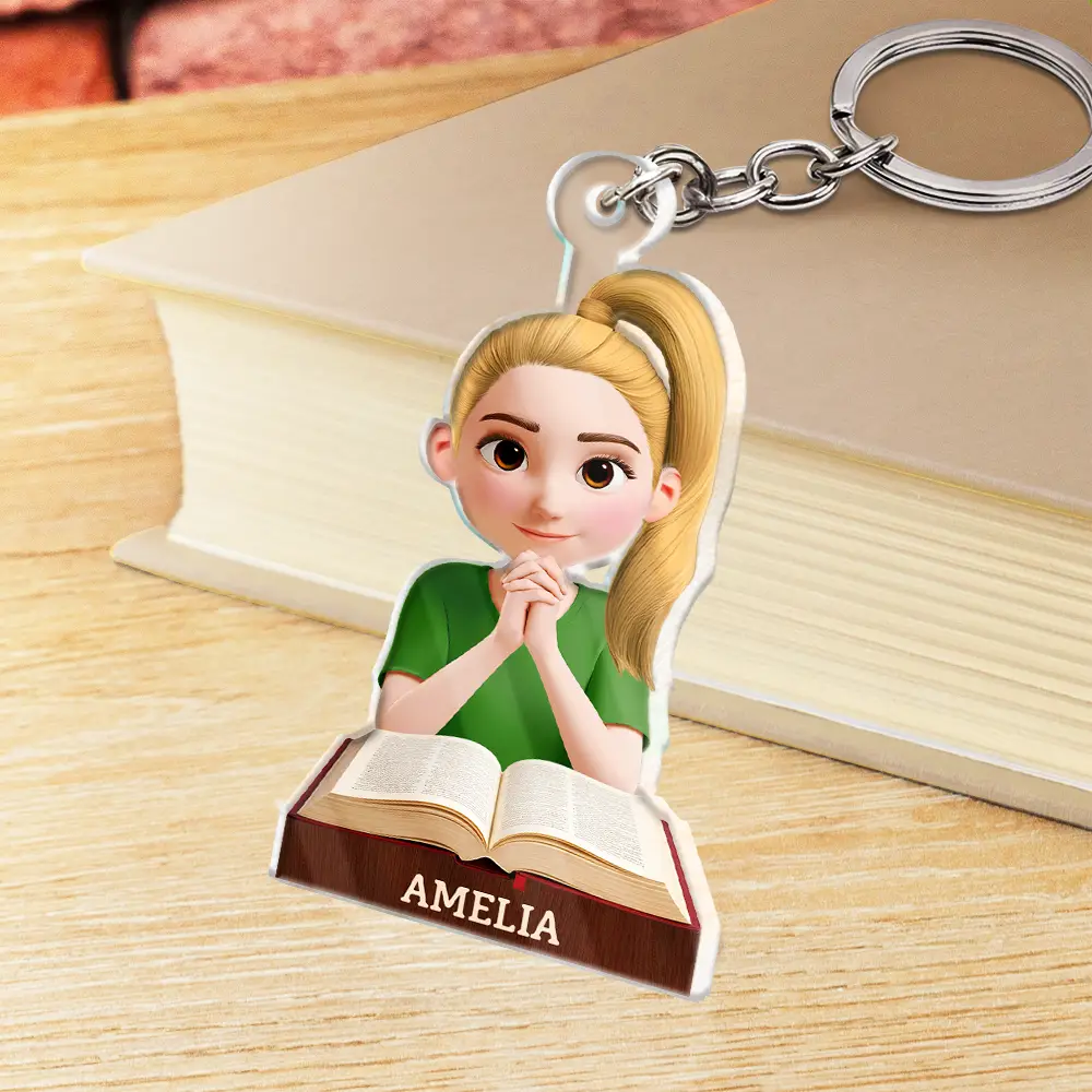 Praying Woman Girl With Open Bible - Personalized Acrylic Keychain - Image 2